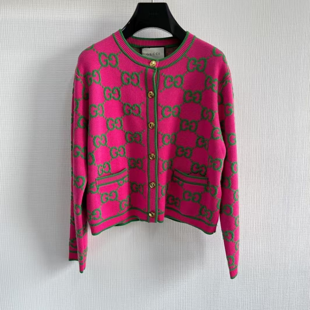 Gucci GG Pink Crew Neck Cardigan Sweater